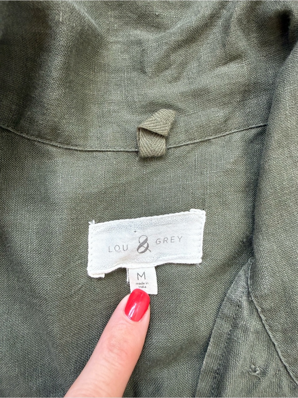 Lou & Grey Olive Green Button-Up Shirt Dress w/Tie Belt 100% Linen - Picture 3 of 4